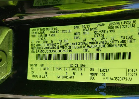 2014 Ford Escape Se z USA, uszkodzony, nr VIN 1FMCU0GX9EUB39219